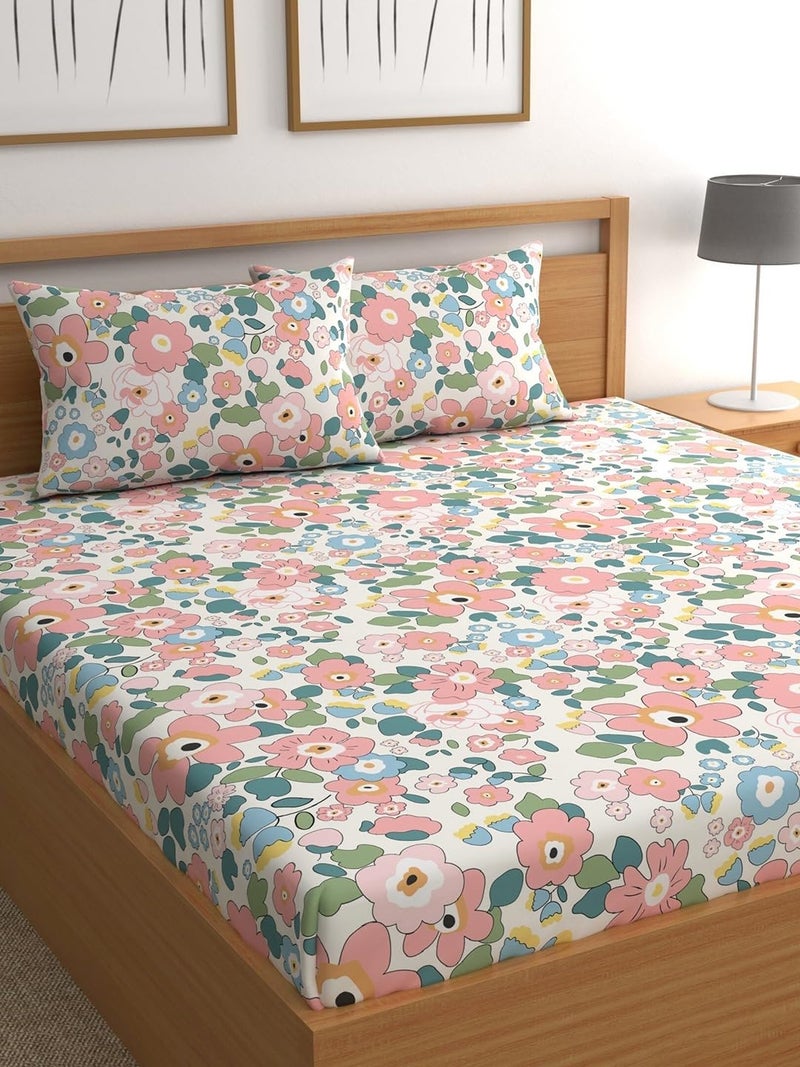 LOOMLYFE 300 TC Cotton Feel Glace Cotton Elastic Fitted Printed King Size Double Bed Bedsheet with 2 Pillow Covers Fits Upto 8 inches Mattress, Size- 72X78 Inches, Pinkflowers - Image 1