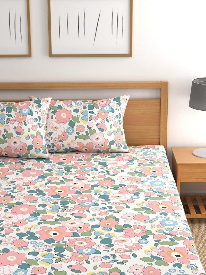 LOOMLYFE 300 TC Cotton Feel Glace Cotton Elastic Fitted Printed King Size Double Bed Bedsheet with 2 Pillow Covers Fits Upto 8 inches Mattress, Size- 72X78 Inches, Pinkflowers - Image 2