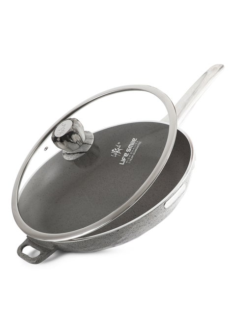 LIFE SMILE Frying Pan Big Size With Lid - Multi Layer Granite Coating Fry Pan | 100% PFOA FREE | Heat-Resistant Handle Hanging Loop | Induction Base (Davy Grey, 32 CM (4 Liters))