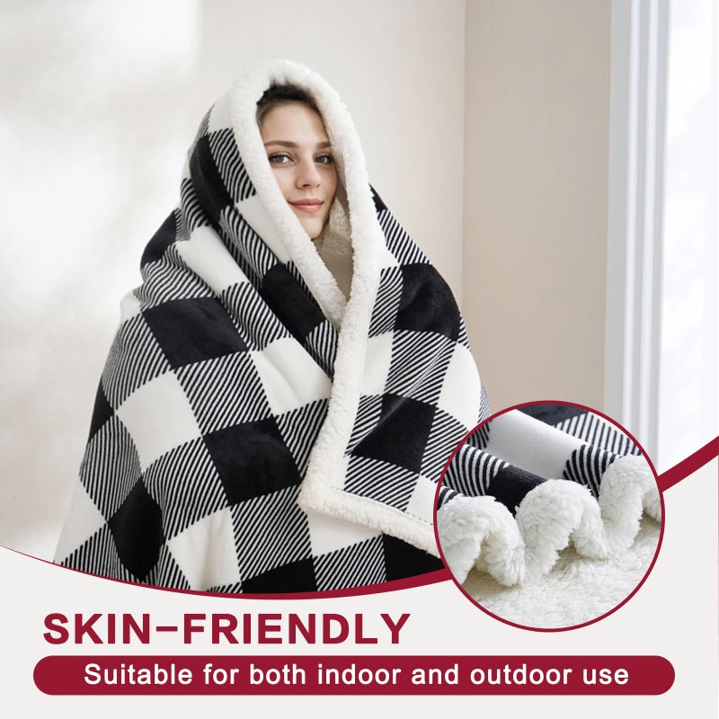 Pu Mei Sherpa Fleece Throw Blanket 80"" X 90"" Reversible Plush Fluffy Large Big Blanket Lattice Flannel Blankets For All Season Use  Black And White - Image 3