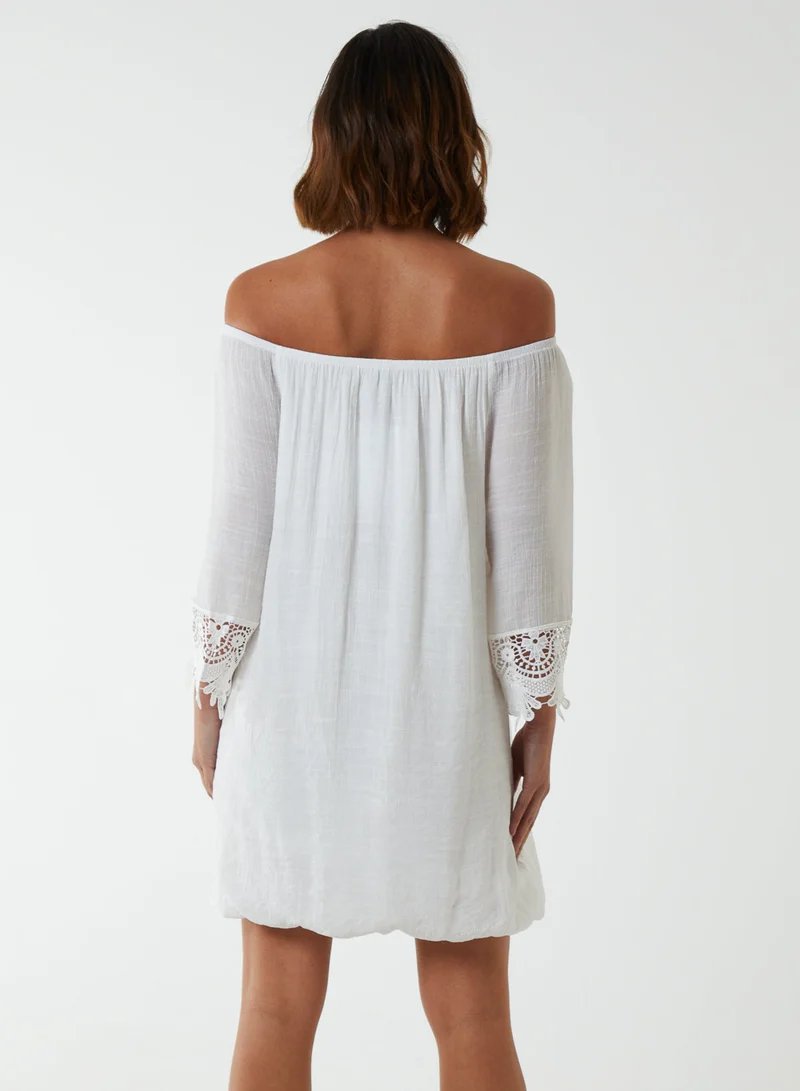 Blue Vanilla Bardot Tunic Dress With Crochet Lace Sleeves