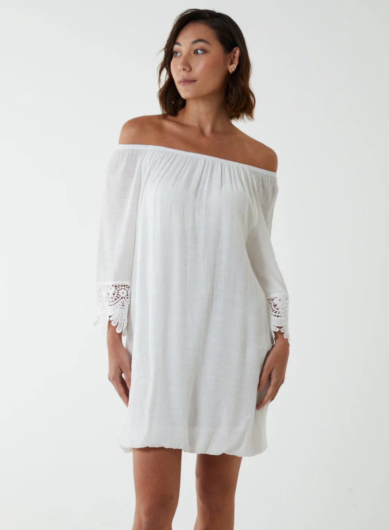 Blue Vanilla Bardot Tunic Dress With Crochet Lace Sleeves