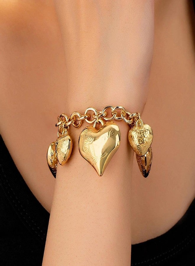 FUTIMELY Chunky Gold Heart Charm Bracelets for Women,Exaggerated Large Puffy Heart Chain Link Bracelet,Punk Y2k Love Jewelry for Valentine'S Day (Golden2) - Image 2