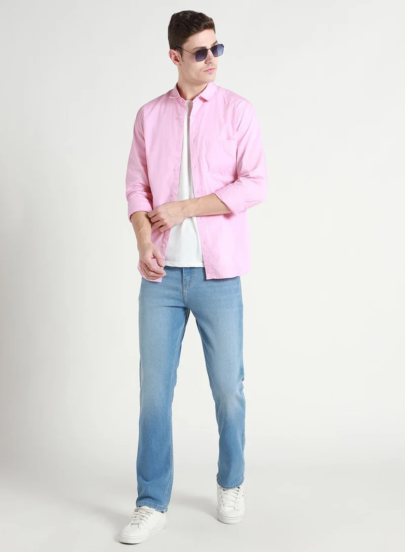 Straight Fit Light Blue Men's Jeans with Button & Zip Closure (Denim)