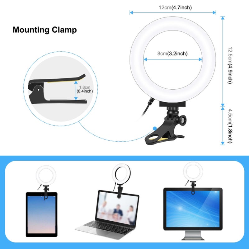 Ring Light 4.7Inch 3200-5600K Color Temperature With 10 Brightness Levels - Anti-Scratch Metal Mounting Clamp Curved Ring Light 180° Rotation for Live Streaming Web Conferencing Video Calls - Image 2