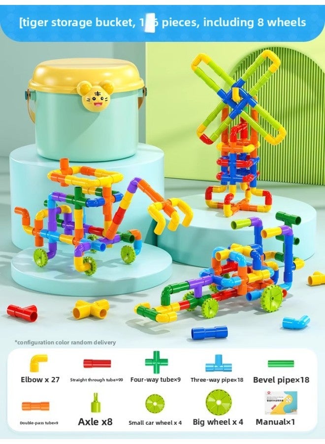 Intelligence Toys For Kids Pipe Puzzle Blocks Baby Assembly Puzzle Toys For Boys And Girls Educational Fun-Color:【Increase Thickening】 196-piece Tiger Storage Box-Including 8 Wheels - Image 1