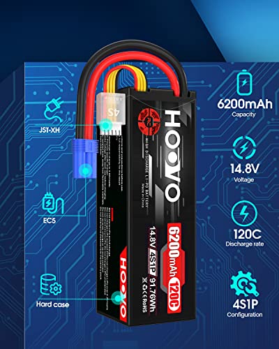 HOOVO 4S Lipo Battery 14.8V 6200mAh 120C RC Battery EC5 Plug Hard Case for RC Car Truck Buggy RC Quadcopter Helicopter Airplane Racing FPV UAV Drone (2 Pack) - Image 2