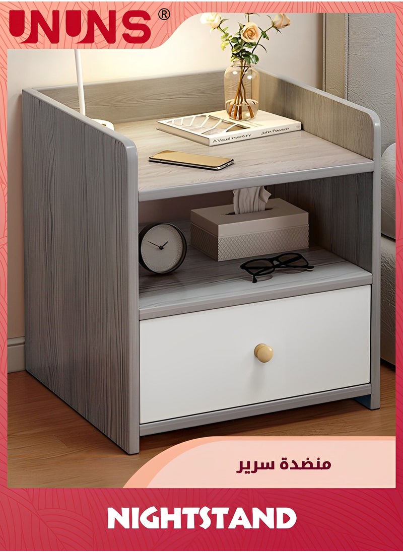 UNUNS Beside Table Nightstand,Sturdy Wood Nightstand With Storage Drawer And Shelf,Modern End Table Bedside Table For Bedroom,Dorm,Small Spaces,Gray White  - Image 1