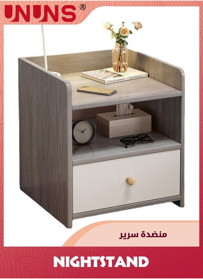 UNUNS Beside Table Nightstand,Sturdy Wood Nightstand With Storage Drawer And Shelf,Modern End Table Bedside Table For Bedroom,Dorm,Small Spaces,Gray White  - Image 2