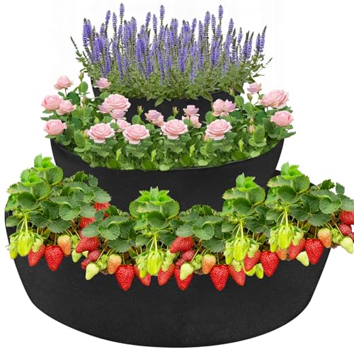 Wenfan 3 Tiered Strawberry Planter Non-Woven Fabric Raised Garden Bed Stackable Strawberry Planter Bag Felt Raised Container for Growing Vegetables Herb Plant, 8 Inch Deep, Round - Image 1
