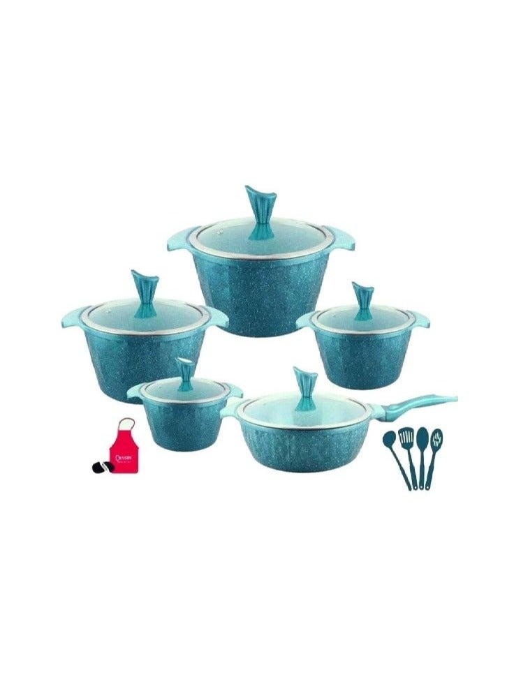 ديسيني طقم أواني طهي من الجرانيت موفر للطاقة مكون من 17 قطعة يتضمن طاجن 1x32 ، 1x28 ، 1x24 ، 1x20 سم ، 1x28 سم مقلاة مع غطاء و 7 قطع أداة الطبخ