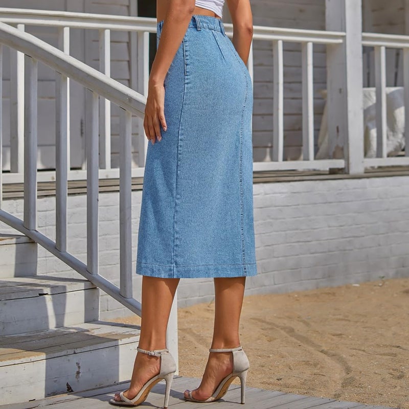 HBQ Trendy High Waisted Denim Skirt for Women Button Front Slit Midi Skirt for Ladies Fashion 2025 Summer-Blue-L - Image 3
