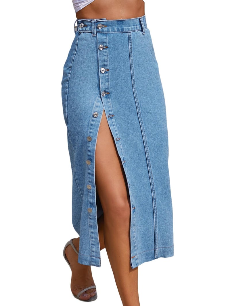 HBQ Trendy High Waisted Denim Skirt for Women Button Front Slit Midi Skirt for Ladies Fashion 2025 Summer-Blue-L - Image 1