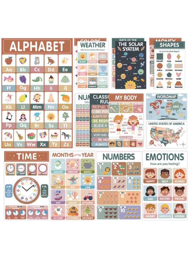 Capstro Early Education Wall Posters for Kids – 18 Bohemian Style Educational Charts – Alphabet, Numbers, Shapes, Animals & Colors – Montessori Inspired Classroom & Home Learning Décor - Image 1