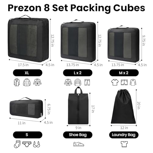 Prezon 8 Set/6 Set/4 Set Compression Packing Cubes for Travel, Lightweight Vacation Travel Essentials, Accessories for Suitcase Organizer Bags Set, Durable Luggage Organizer （8-Square-Black） - Image 3