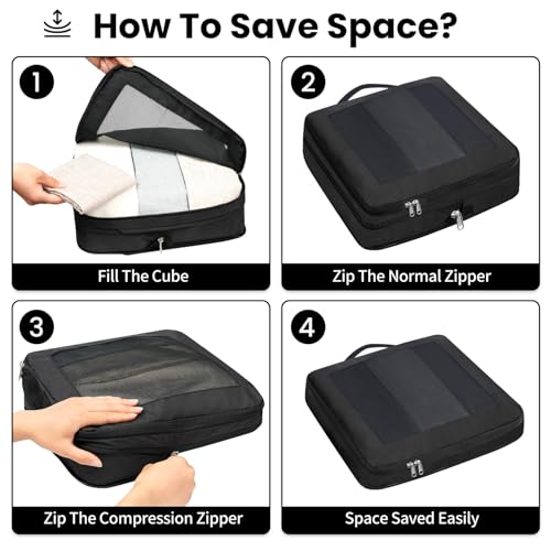 Prezon 8 Set/6 Set/4 Set Compression Packing Cubes for Travel, Lightweight Vacation Travel Essentials, Accessories for Suitcase Organizer Bags Set, Durable Luggage Organizer （8-Square-Black） - Image 4