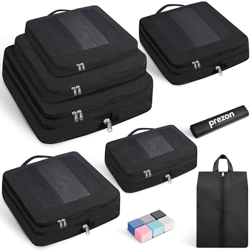 Prezon 8 Set/6 Set/4 Set Compression Packing Cubes for Travel, Lightweight Vacation Travel Essentials, Accessories for Suitcase Organizer Bags Set, Durable Luggage Organizer （8-Square-Black） - Image 1