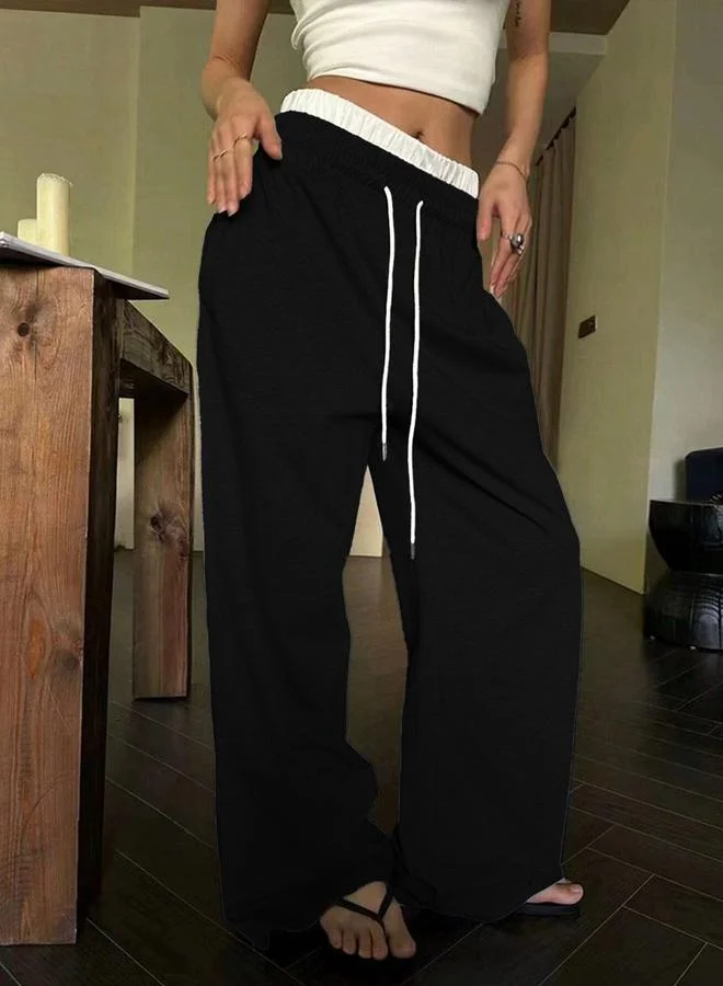 تايك تو Black Solid Elastic Drawstring Waist Wide Leg Joggers