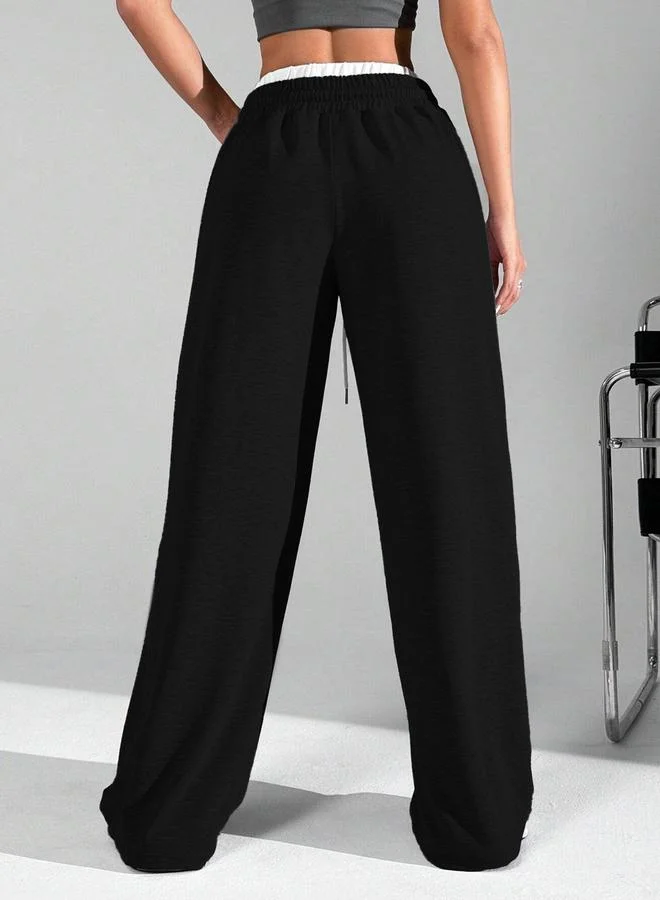 تايك تو Black Solid Elastic Drawstring Waist Wide Leg Joggers