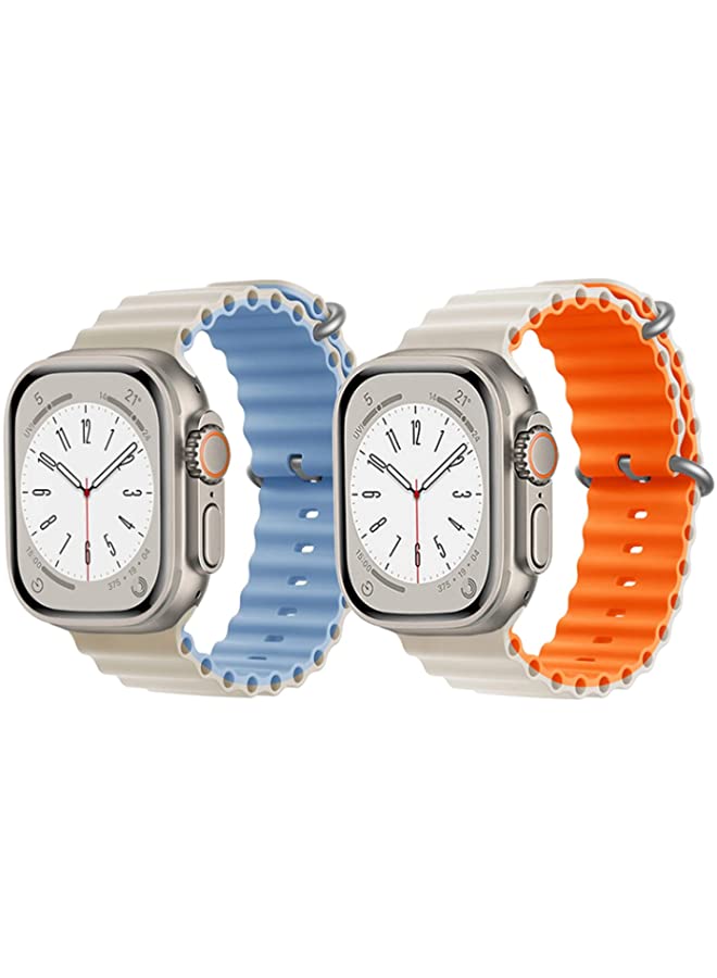 IAF Silicone Ocean Band Strap for Apple Watch Ultra 8 49mm Beige/Sky Blue Double Side Strap with White/Orange Double Side Strap Set of 2