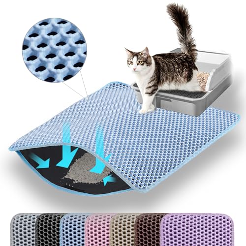 Petinstinct Cat Litter Mat, 60x45cm Large Honeycomb Double Layer Cat Litter Mat Trapper, Non Slip Waterproof Urine Proof Cat Litter Box Mat for Floor, Cat Supplies and Essentials, Blue - Image 1