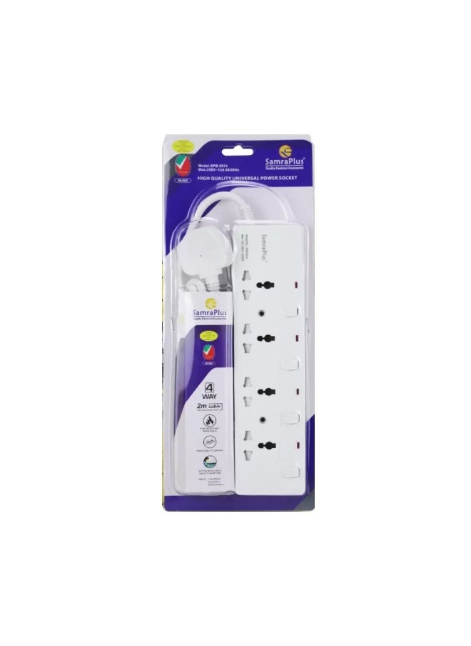 Samraplus Samra Plus 4 Way Power Extension Socket with 2 Mtr Cable- White  - Image 1