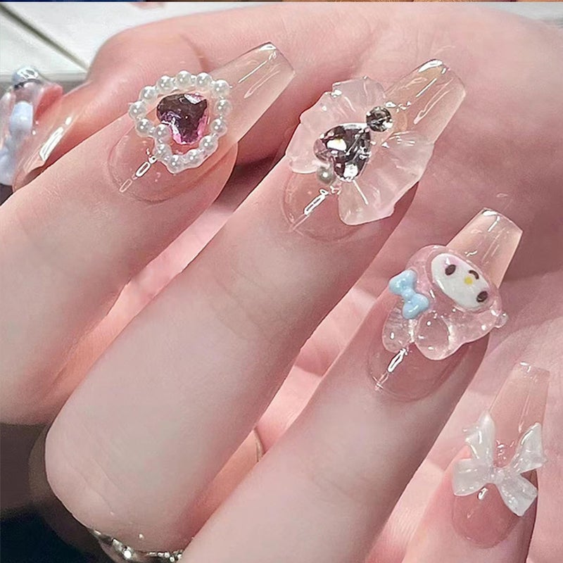 YKLWNN 24Pcs Nude Press On Medium Square Glossy Glue On Nails With 3D Kawaii Heart Bow Charms Design French Stick On Cute False Artificial Acrylic Nails For Women Girls Manicure - Image 1