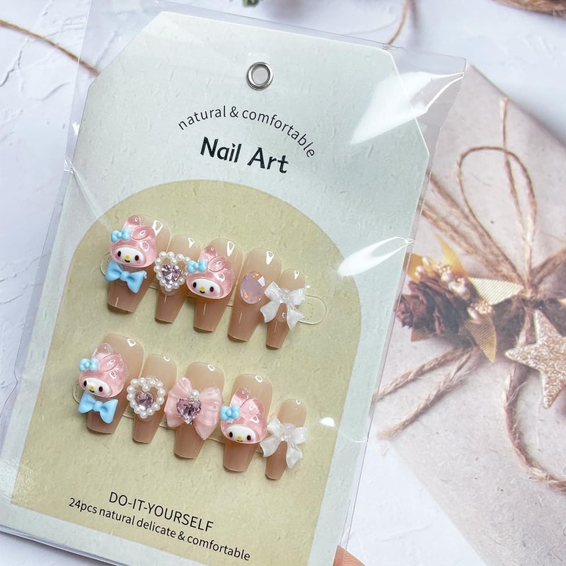 YKLWNN 24Pcs Nude Press On Medium Square Glossy Glue On Nails With 3D Kawaii Heart Bow Charms Design French Stick On Cute False Artificial Acrylic Nails For Women Girls Manicure - Image 4
