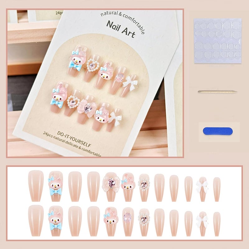 YKLWNN 24Pcs Nude Press On Medium Square Glossy Glue On Nails With 3D Kawaii Heart Bow Charms Design French Stick On Cute False Artificial Acrylic Nails For Women Girls Manicure - Image 2
