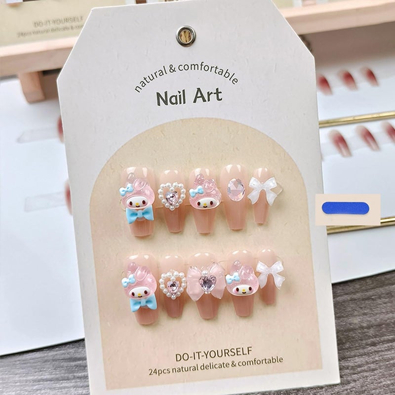 YKLWNN 24Pcs Nude Press On Medium Square Glossy Glue On Nails With 3D Kawaii Heart Bow Charms Design French Stick On Cute False Artificial Acrylic Nails For Women Girls Manicure - Image 3