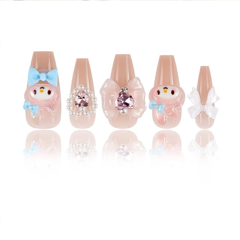 YKLWNN 24Pcs Nude Press On Medium Square Glossy Glue On Nails With 3D Kawaii Heart Bow Charms Design French Stick On Cute False Artificial Acrylic Nails For Women Girls Manicure - Image 5