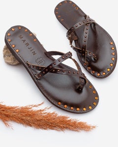 MARJIN Women's Genuine Leather Studded Flip Flops Casual Slippers Pemora  - Image 1