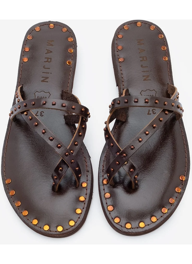 مارجين Women's Genuine Leather Studded Flip Flops Casual Slippers Pemora