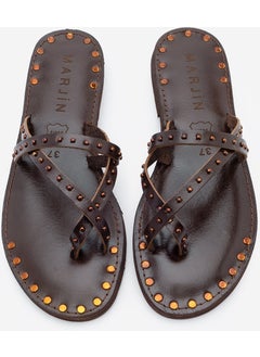 MARJIN Women's Genuine Leather Studded Flip Flops Casual Slippers Pemora  - Image 4