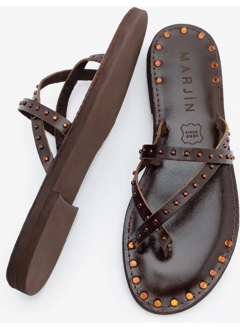 مارجين Women's Genuine Leather Studded Flip Flops Casual Slippers Pemora