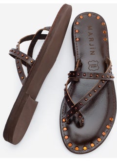 MARJIN Women's Genuine Leather Studded Flip Flops Casual Slippers Pemora  - Image 5