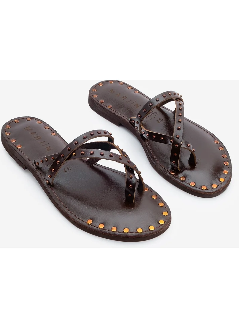 مارجين Women's Genuine Leather Studded Flip Flops Casual Slippers Pemora