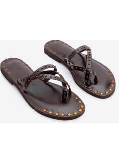 MARJIN Women's Genuine Leather Studded Flip Flops Casual Slippers Pemora  - Image 3