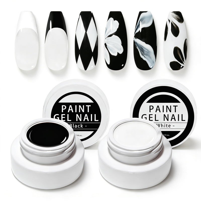 Gyraolvant 2 Jars Paint Nail Gel, White Black Gel Paint For Nails Art, Gel Polish For French Tip Tool Design For Home Salon DIY Nail Art (White&Black, M) - Image 1