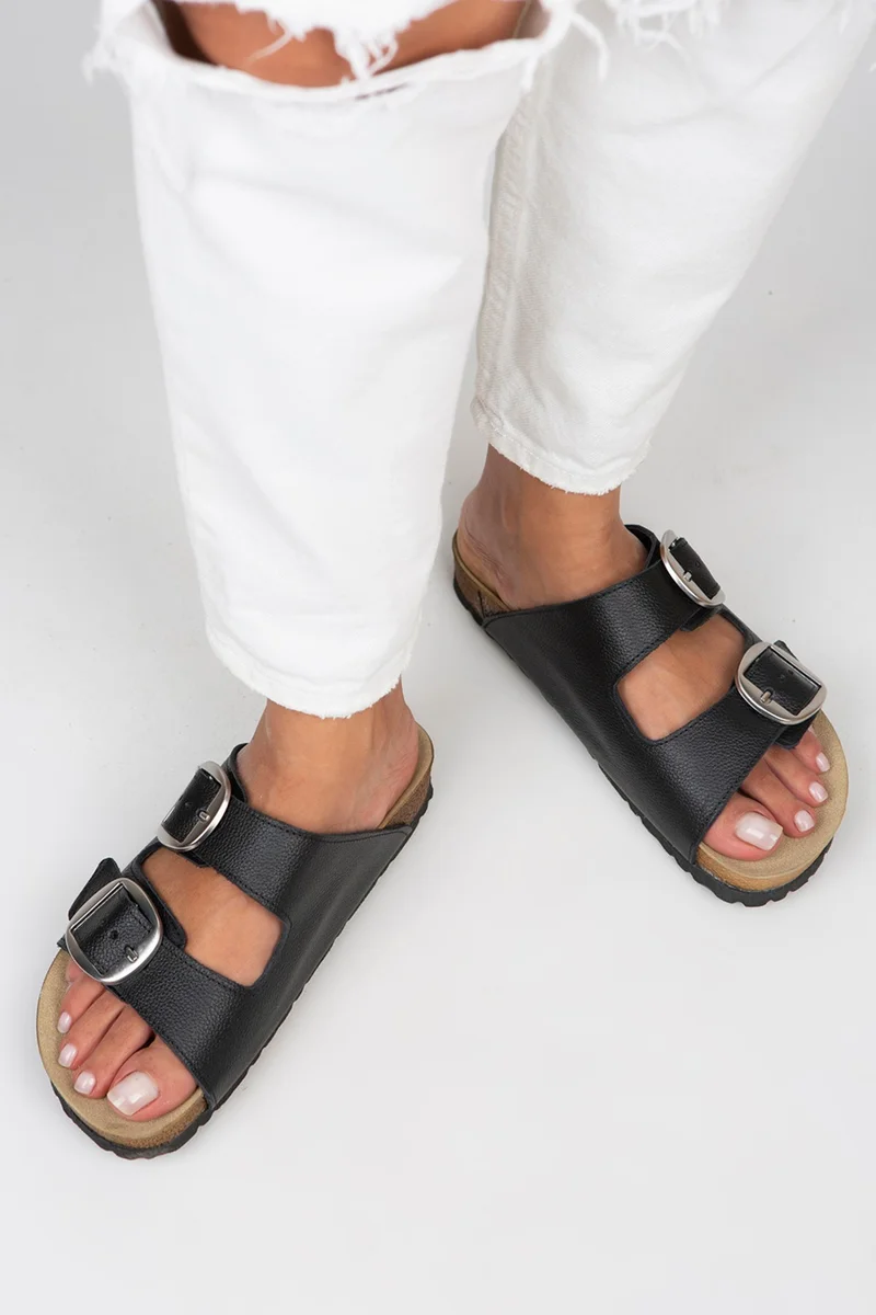 Manijero Manijero Irene Women's Genuine Leather Double Buckle Black-Silver Slippers