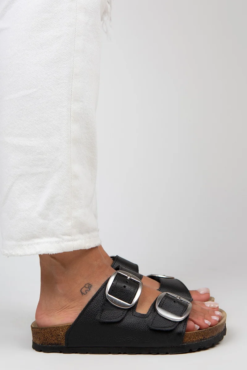 Manijero Manijero Irene Women's Genuine Leather Double Buckle Black-Silver Slippers