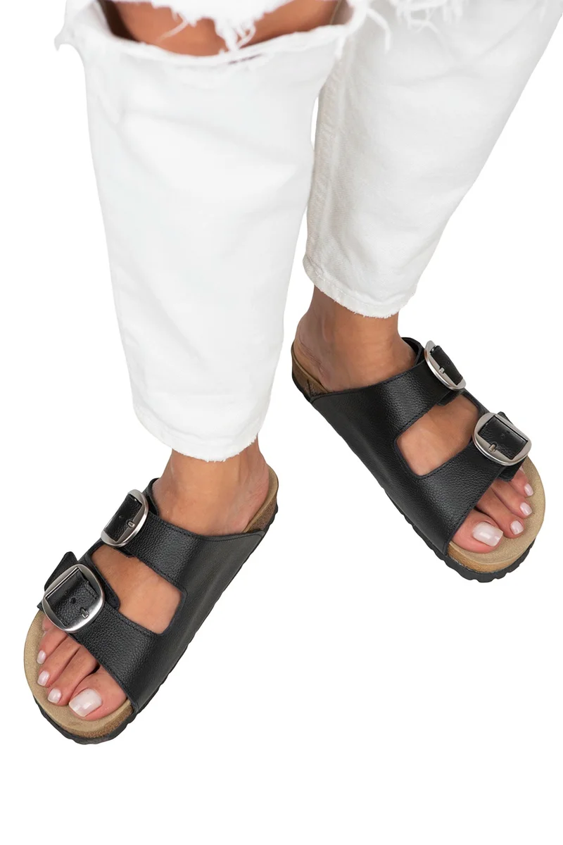 Manijero Manijero Irene Women's Genuine Leather Double Buckle Black-Silver Slippers