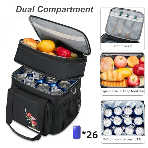 HSHRICH Insulated Lunch Bag for WomenMen Dual Compartment Waterproof Reusable Large Lunch Box for Adlut WideOpen Tote Cooler Bag For Working Picnic Hiking 16L BlackFlowers - Image 3