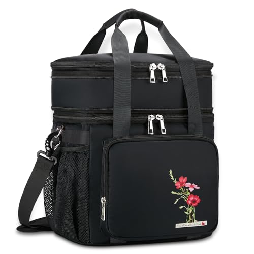 HSHRICH Insulated Lunch Bag for WomenMen Dual Compartment Waterproof Reusable Large Lunch Box for Adlut WideOpen Tote Cooler Bag For Working Picnic Hiking 16L BlackFlowers - Image 1