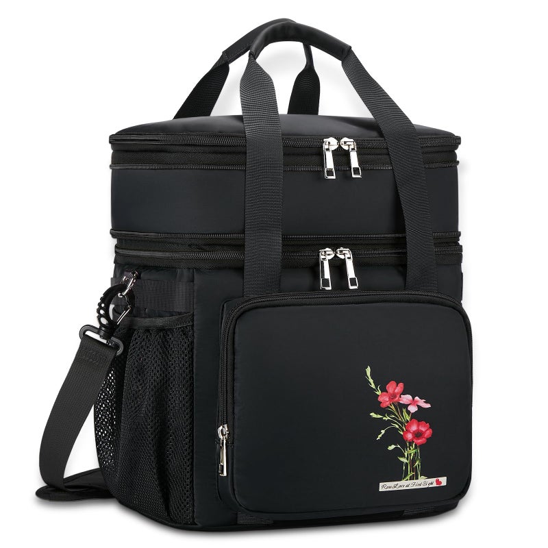 HSHRICH Insulated Lunch Bag for WomenMen Dual Compartment Waterproof Reusable Large Lunch Box for Adlut WideOpen Tote Cooler Bag For Working Picnic Hiking 16L BlackFlowers - Image 2