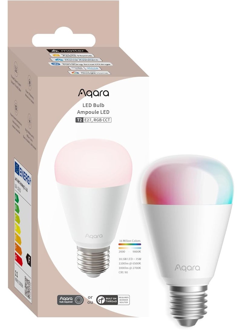 أكارا مصباح LED Aqara Thread/Zigbee T2، قاعدة E27 أبيض قابل للضبط (2000K-9000K)، RGB مع 16 مليون لون، يعادل 75 واط، Matter، يدعم HomeKit و Google Home - Image 1