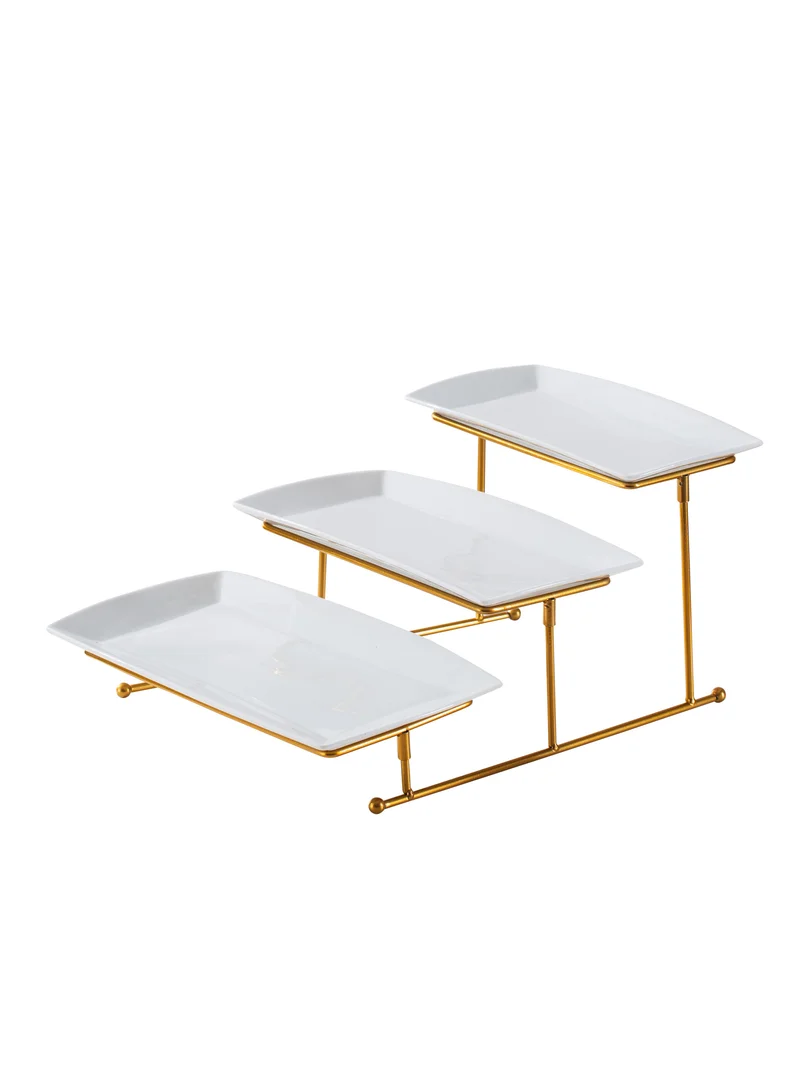 Shallow Shallow Elegant Porcelain 3 Tier Rectangle White Plate with Gold Stand (Small Plate 27cm, Mid Plate 31cm, Large Plate 35cm)