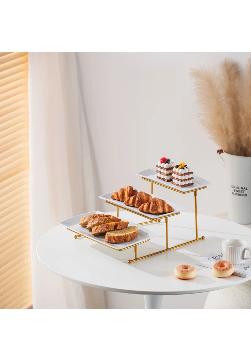 Shallow Shallow Elegant Porcelain 3 Tier Rectangle White Plate with Gold Stand (Small Plate 27cm, Mid Plate 31cm, Large Plate 35cm)