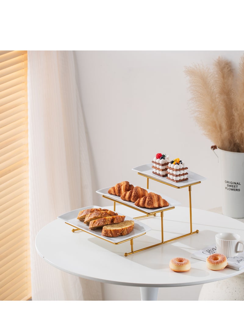 Shallow Shallow Elegant Porcelain 3 Tier Rectangle White Plate with Gold Stand (Small Plate 27cm, Mid Plate 31cm, Large Plate 35cm)  - Image 2