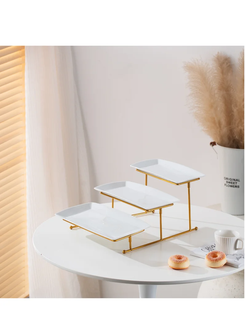 Shallow Shallow Elegant Porcelain 3 Tier Rectangle White Plate with Gold Stand (Small Plate 27cm, Mid Plate 31cm, Large Plate 35cm)
